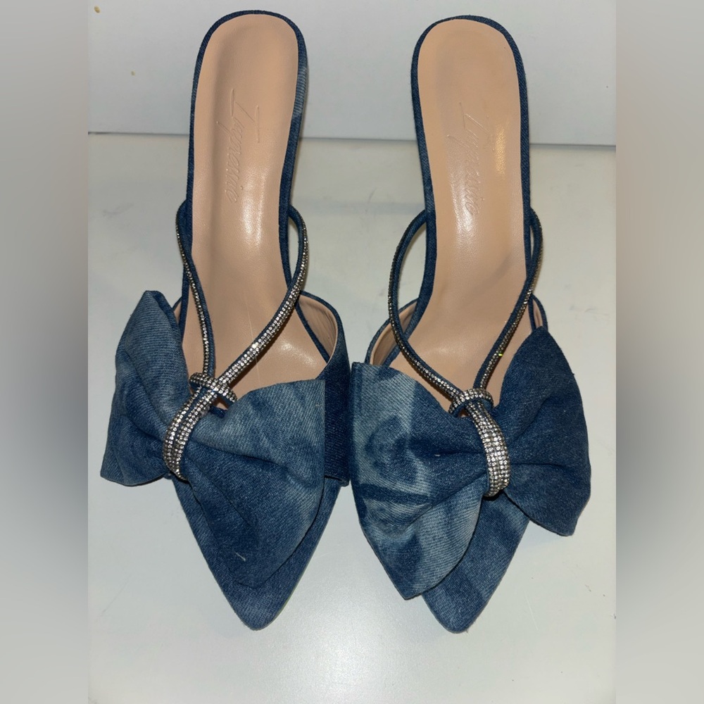 Elegant Denim Blue Pointy Women's Mule Heels with Bow and Rhinestones